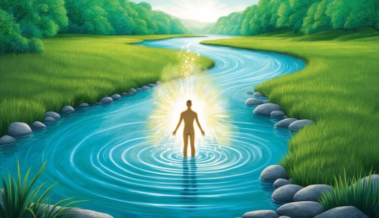 Glowing figure standing in a river surrounded by nature