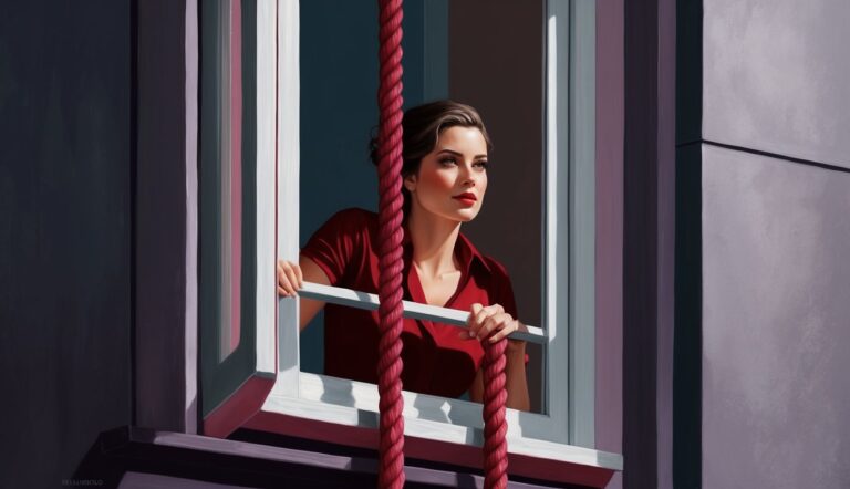 Woman in red shirt looks out of a window, red rope in front