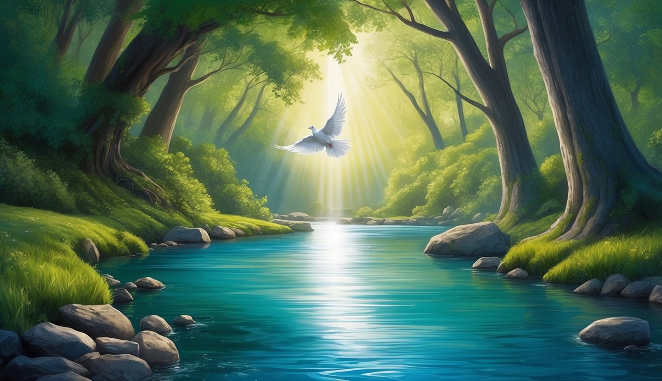 A serene river flowing through a lush forest, with a dove flying above and a beam of light shining down onto the water