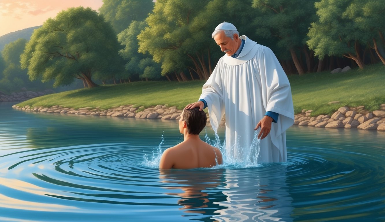 A serene river with a person being immersed in water by a figure of authority, symbolizing the spiritual cleansing and rebirth of baptism