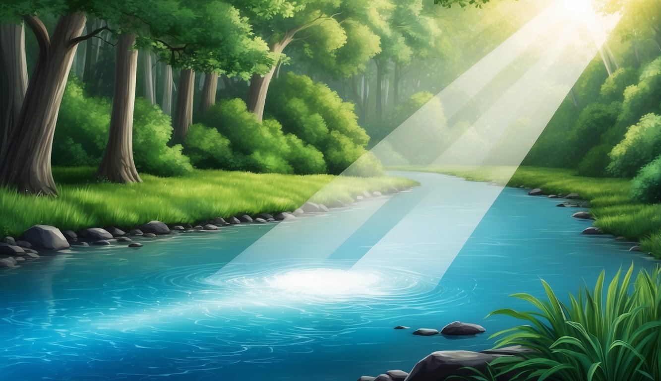 A serene river flowing through a lush forest, with a beam of sunlight shining down on the water, symbolizing the spiritual cleansing and rebirth associated with baptism