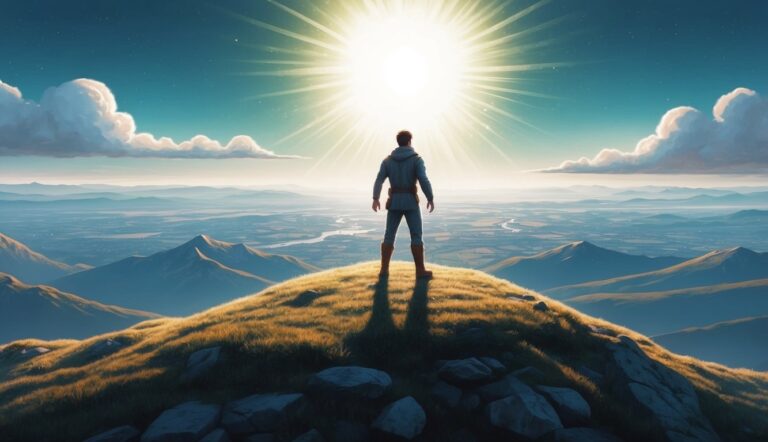Man standing on a hill, facing a bright sun, overlooking a vast landscape