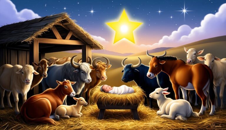 Nativity scene with baby Jesus in a manger, surrounded by animals