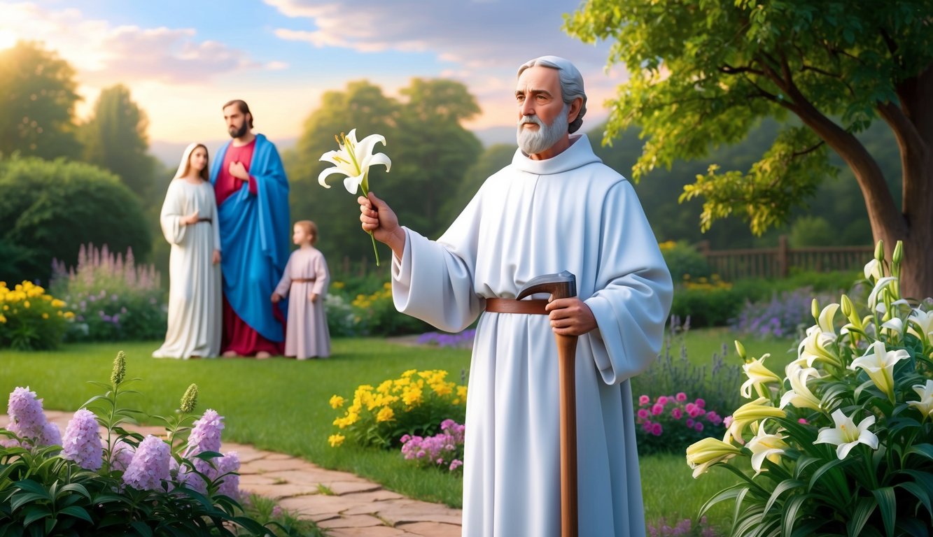 St. Joseph standing in a peaceful garden, holding a lily and a carpenter's tool, with the Holy Family in the background