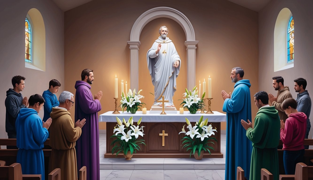 A serene candlelit altar with lilies and a statue of St. Joseph surrounded by people in prayer