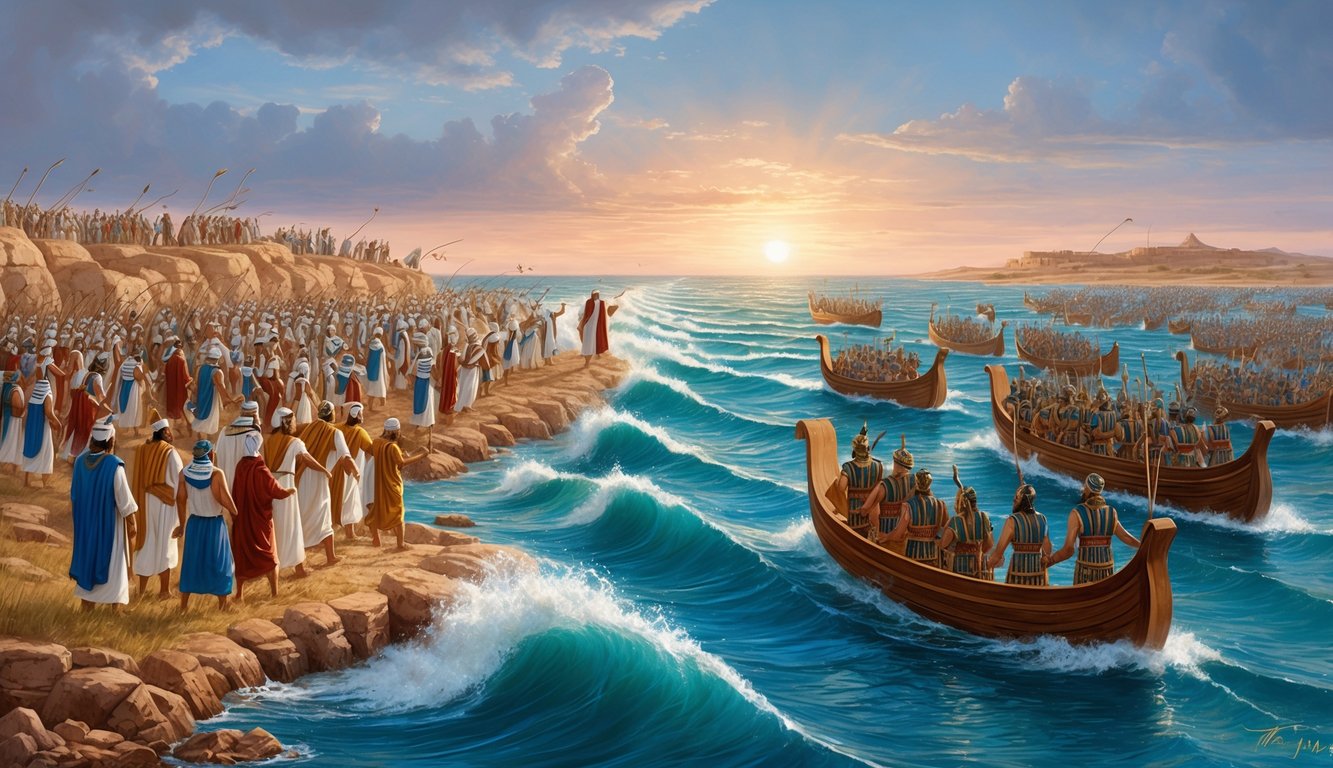 Moses parting the Red Sea with the Israelites on one side and the pursuing Egyptian army on the other