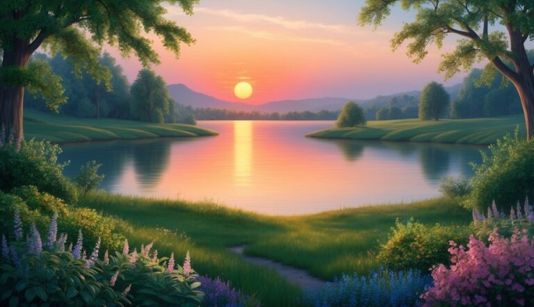 Sunset over a calm lake with trees, flowers, and a path