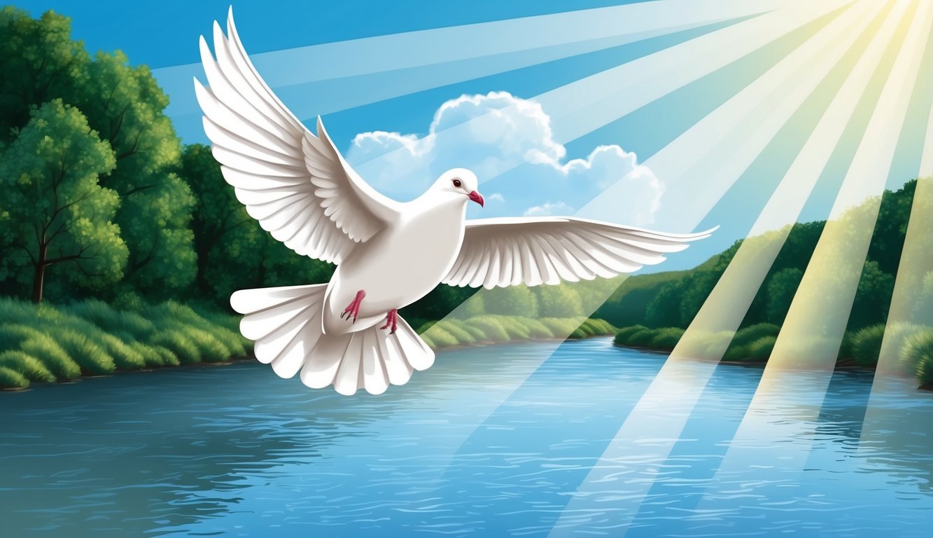 A dove flying above a peaceful river, with rays of light shining down from above