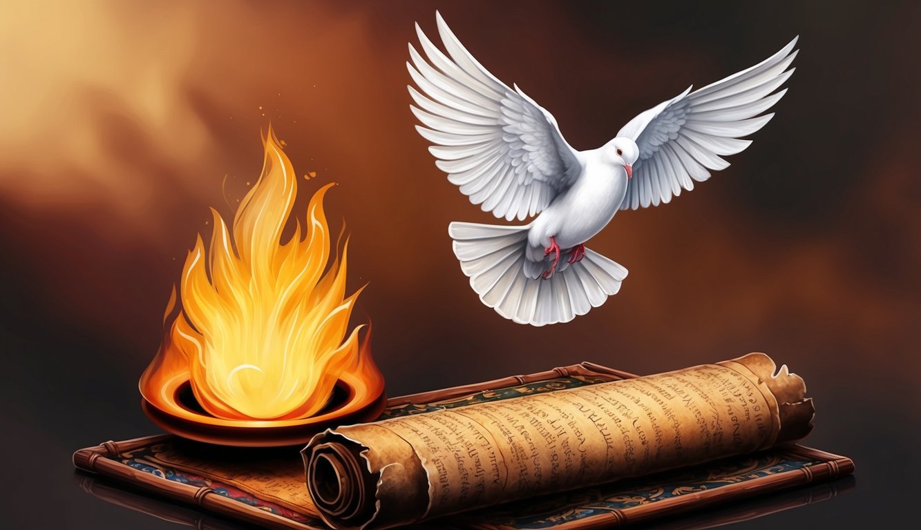 A dove flying above an ancient scroll and a burning flame