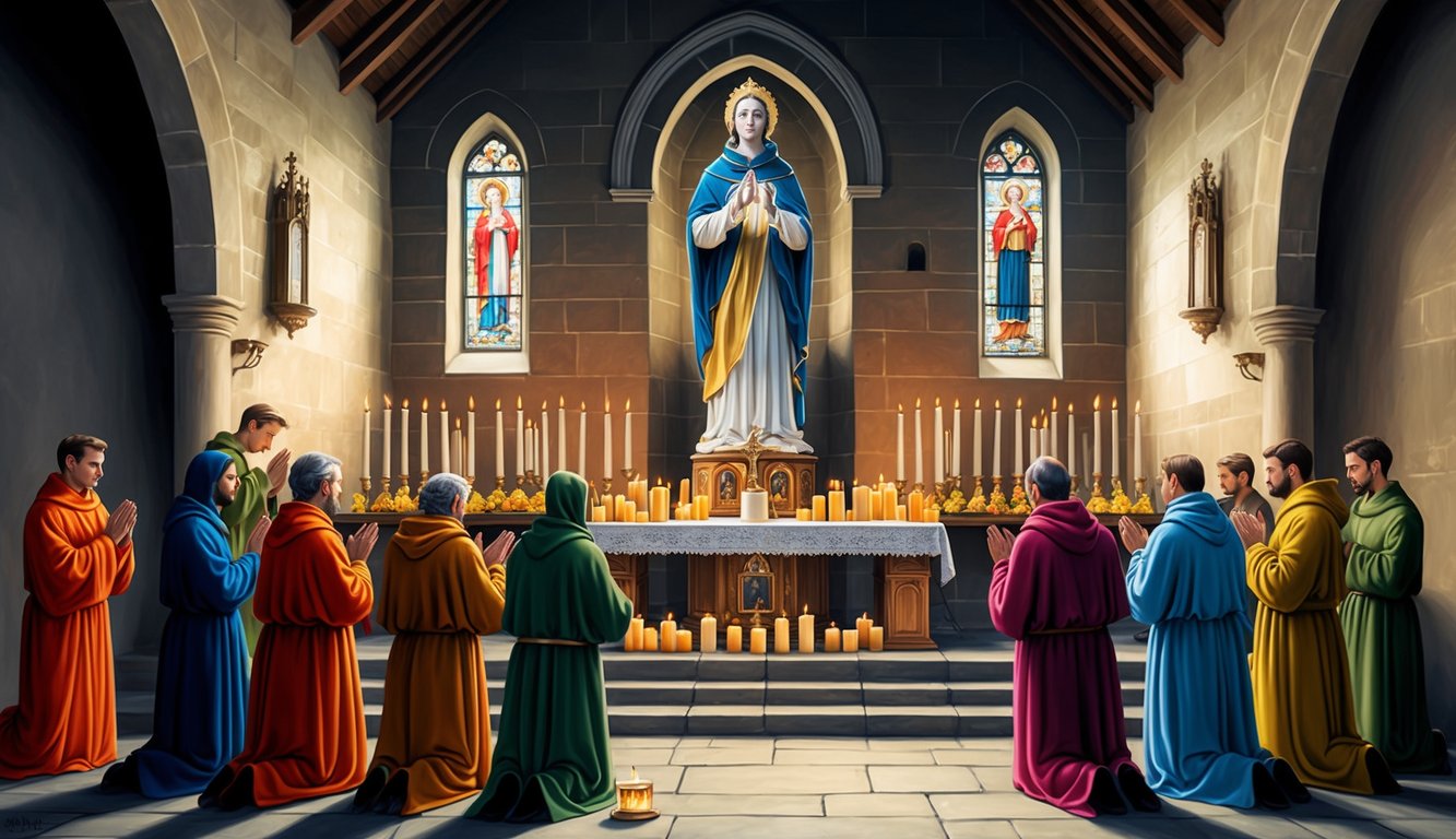 A medieval church with a statue of St. Expedite, surrounded by candles and offerings, as people pray and seek his intercession