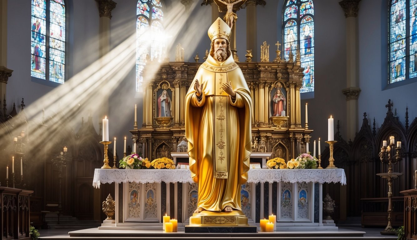 A golden statue of St. Expedite stands in a grand cathedral, surrounded by offerings and candles.</p><p>Rays of sunlight shine through stained glass windows onto the ornate altar