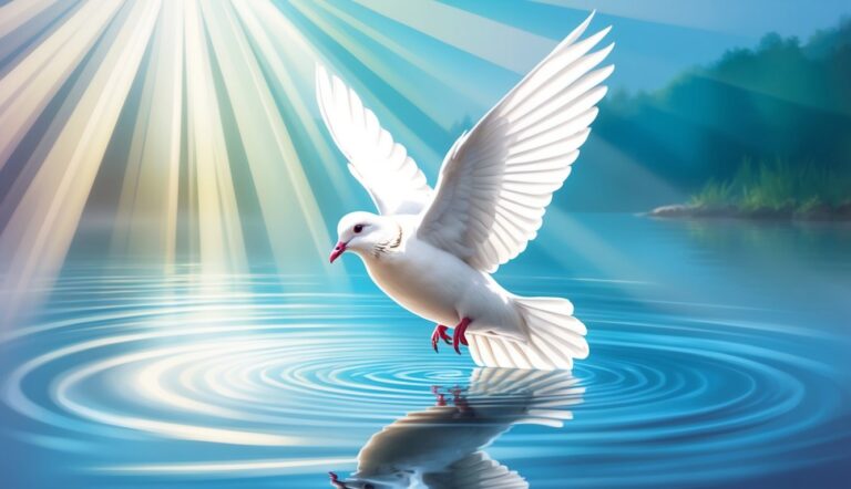 White dove flying over water, with sun rays shining down