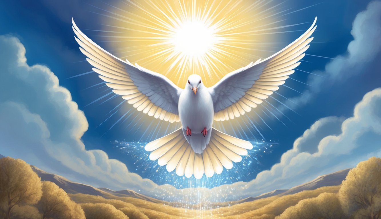 A dove descends from the sky, surrounded by a radiant light, symbolizing the presence of the Holy Spirit in a historic biblical event