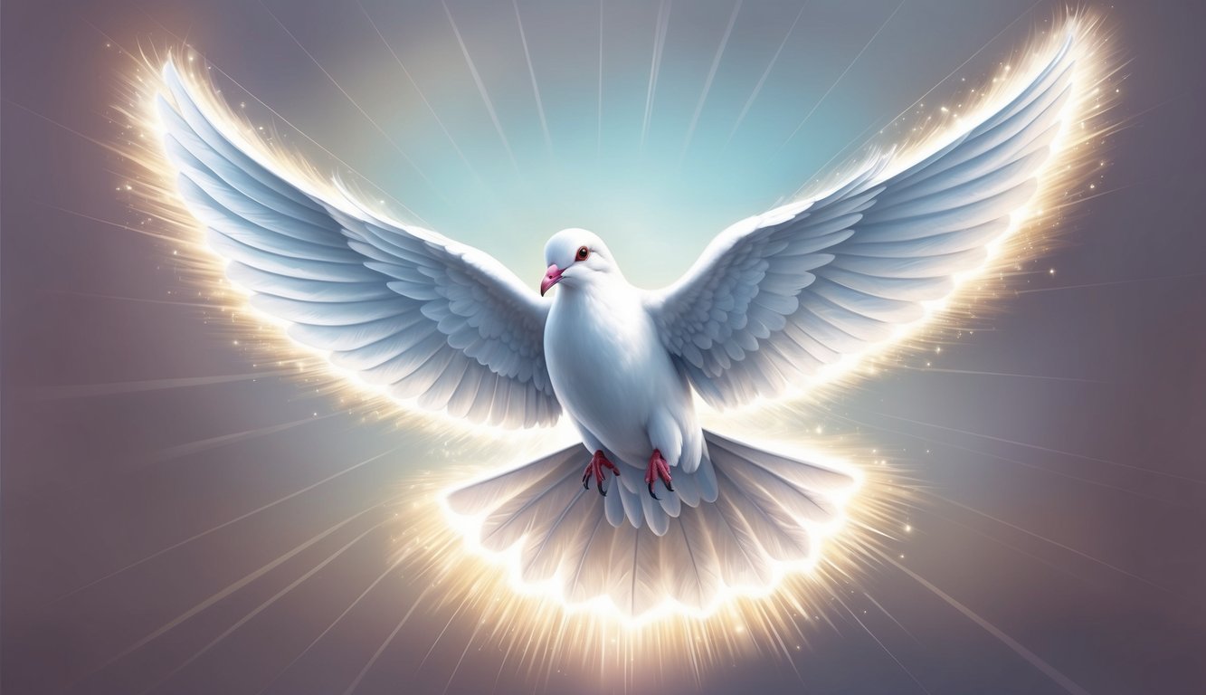 A dove with radiant light emanating from its wings, surrounded by a gentle breeze and a sense of peace and tranquility