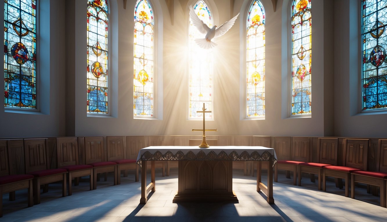 Sunlight streaming through stained glass onto an empty church altar, with a dove symbolizing the Holy Spirit hovering above