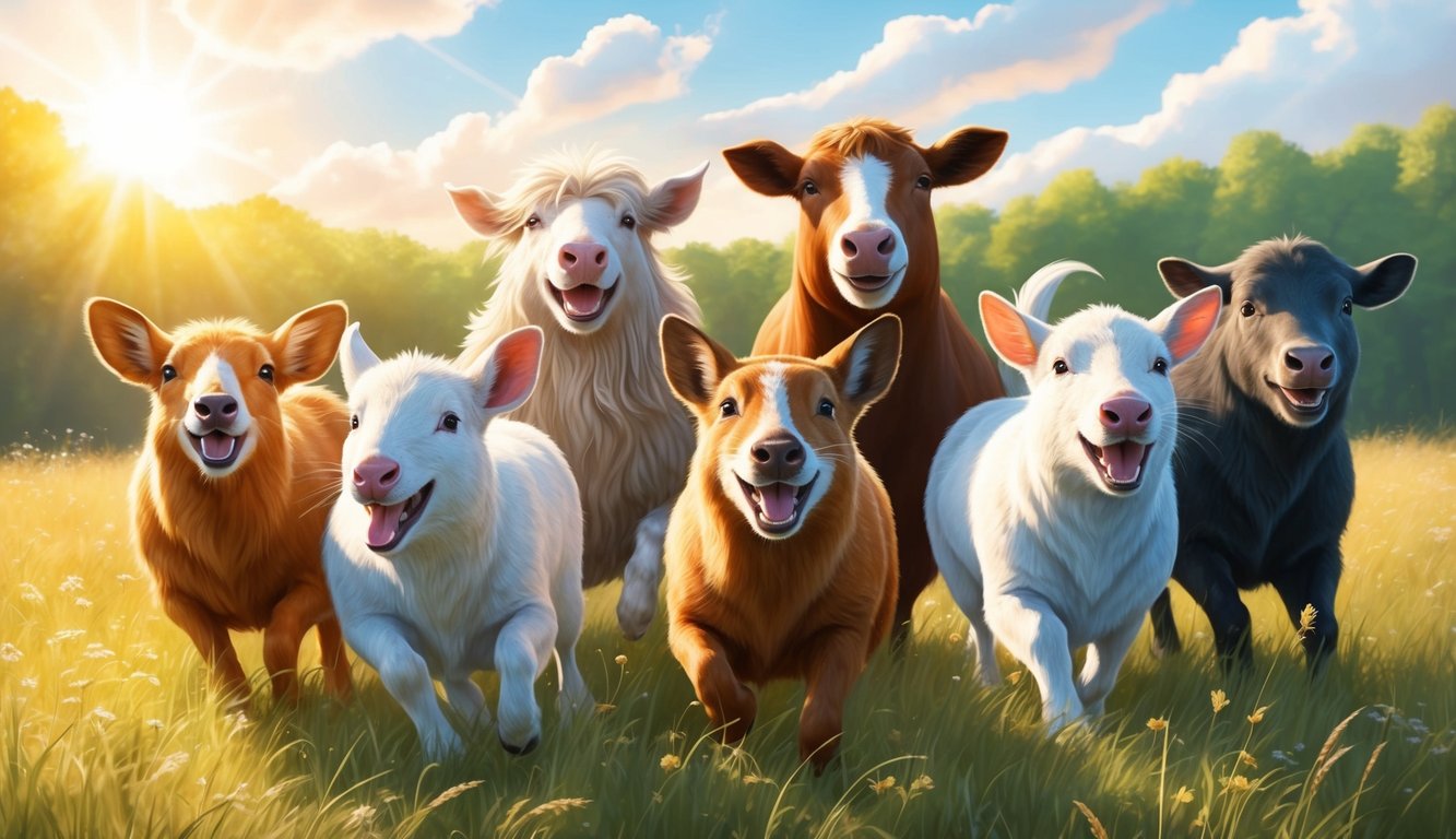 A group of animals frolicking in a sunlit meadow, their faces beaming with joy and gratitude