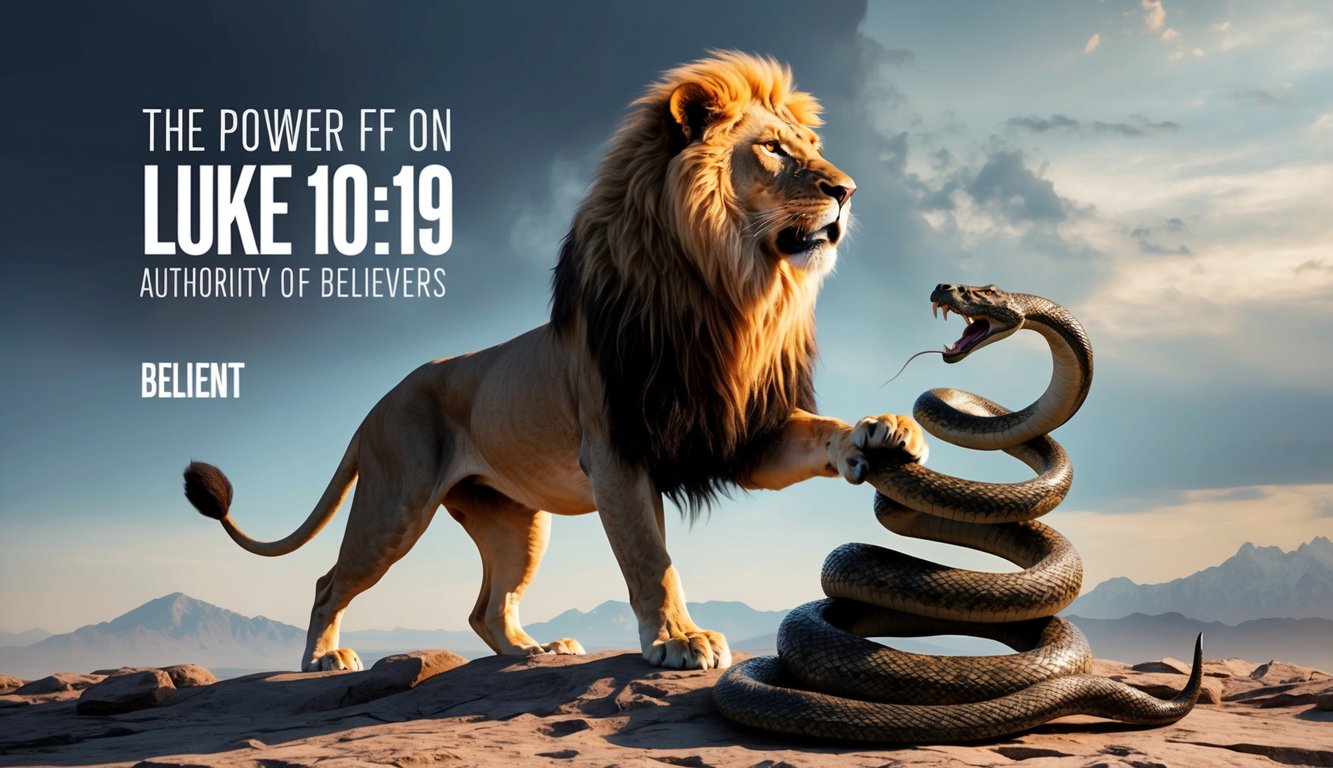 A majestic lion standing triumphantly over a defeated serpent, symbolizing the power and authority given to believers in Luke 10:19