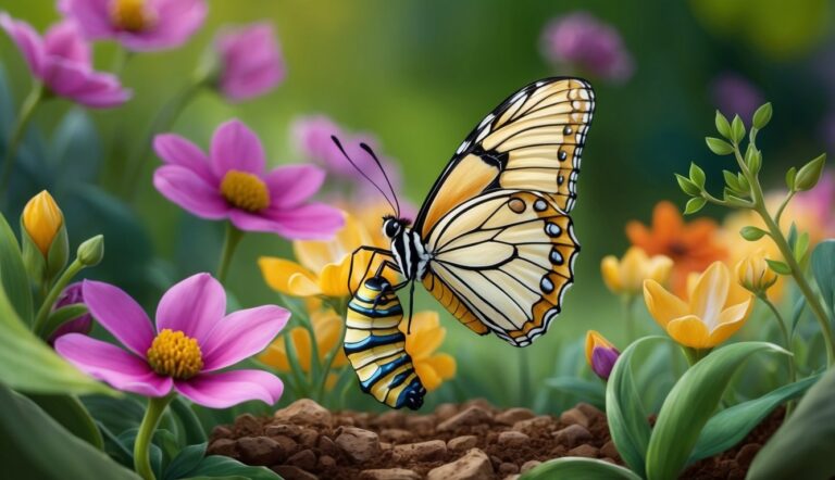 Butterfly with orange and yellow wings among colorful flowers