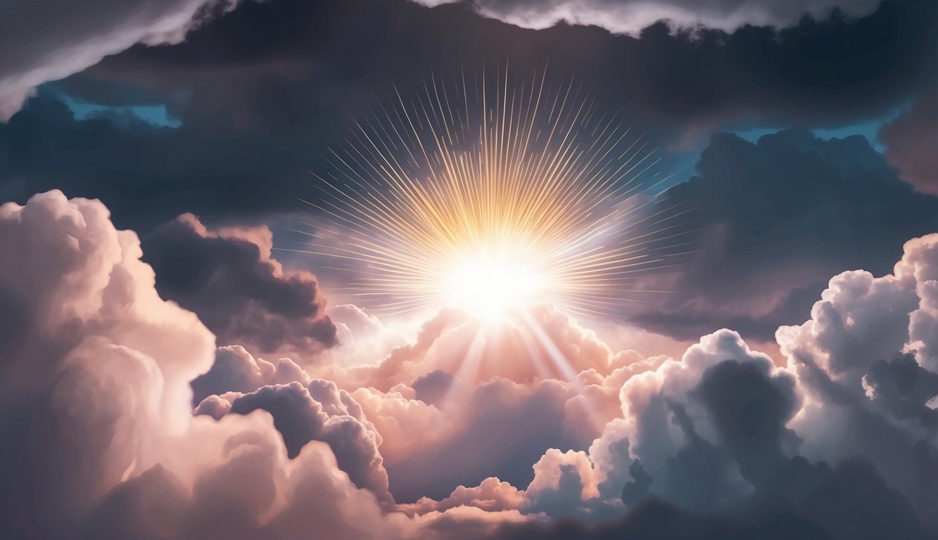 A radiant light breaking through dark clouds, symbolizing transformation and renewal