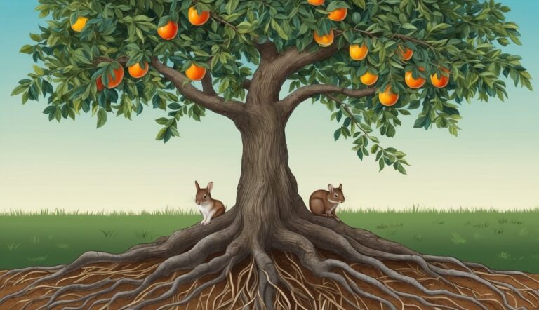 Orange tree with rabbits, exposed roots, and green grass