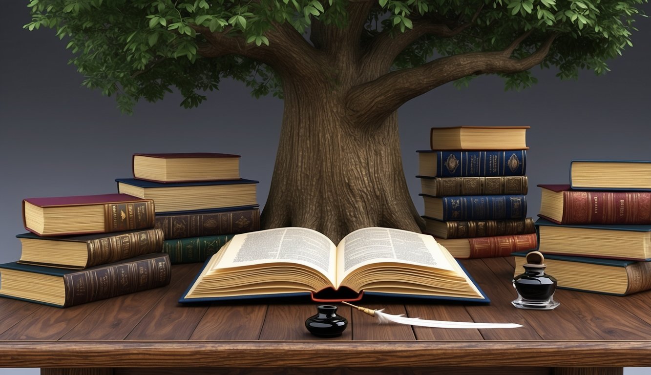 A wise old tree surrounded by books, with a quill and inkwell resting on a wooden table