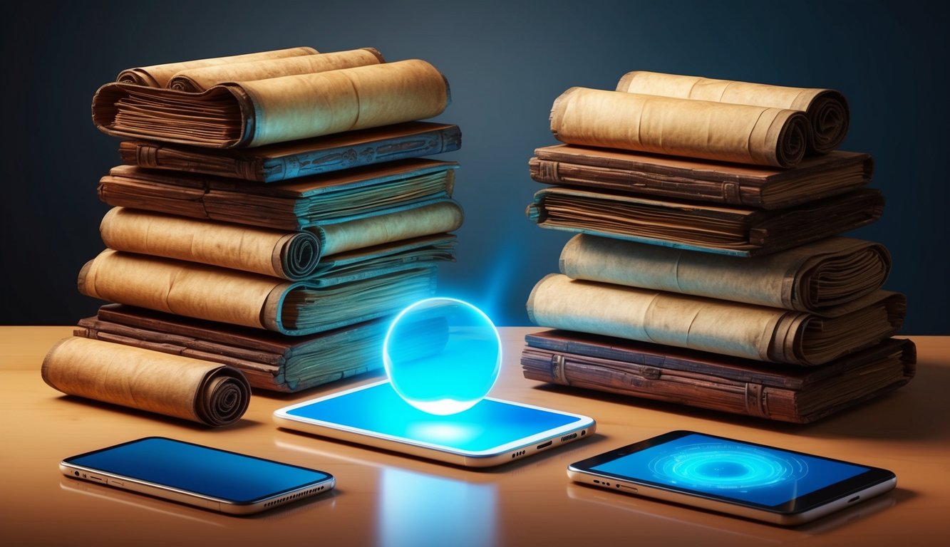 A stack of ancient scrolls surrounded by digital devices and a glowing smartphone, symbolizing the blend of traditional wisdom with modern technology