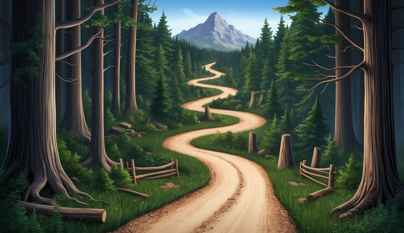 A winding path through a dense forest, with various obstacles and forks in the road, leading to a distant mountain peak