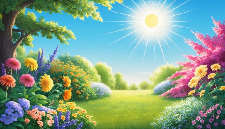 Bright sunny day in a colorful garden with flowers and trees