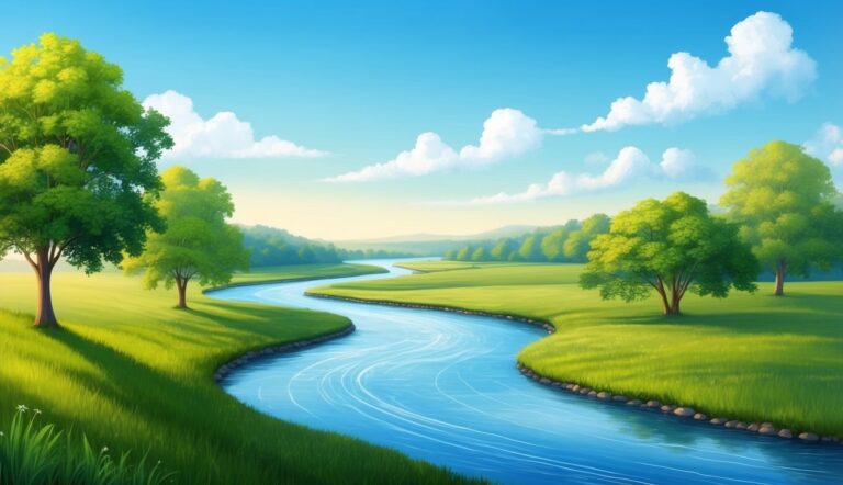 Scenic landscape with a winding river, green grass, trees, and a blue sky