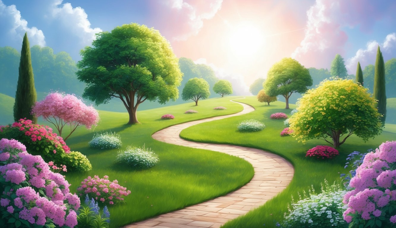 A serene garden with a winding path leading to a bright future, surrounded by blooming flowers and a peaceful atmosphere