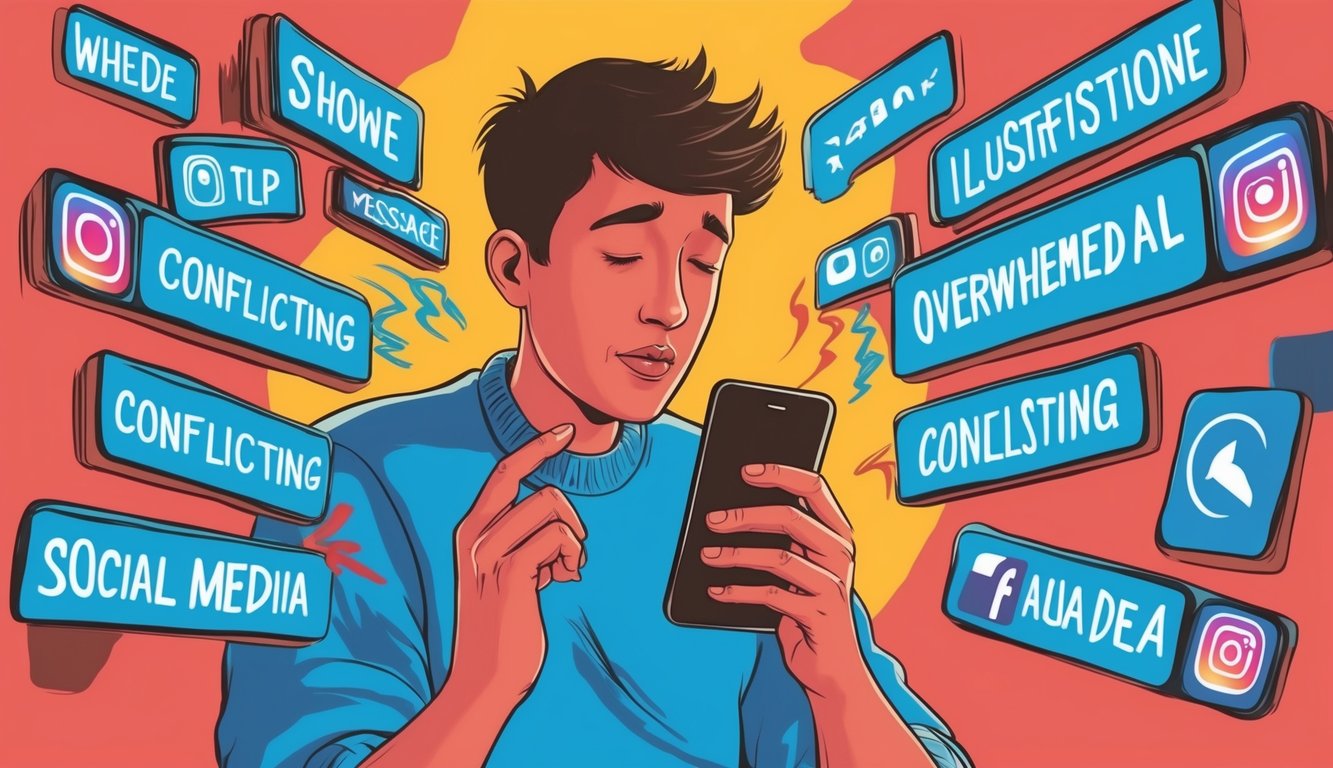 A person scrolling through social media, feeling overwhelmed by conflicting messages