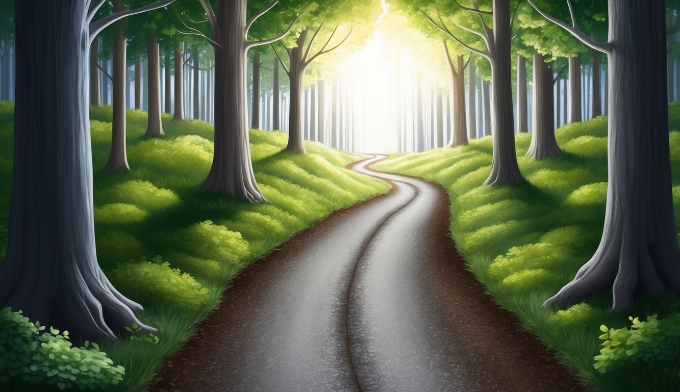 A narrow path winding through a forest, with light breaking through the trees, leading to a bright clearing