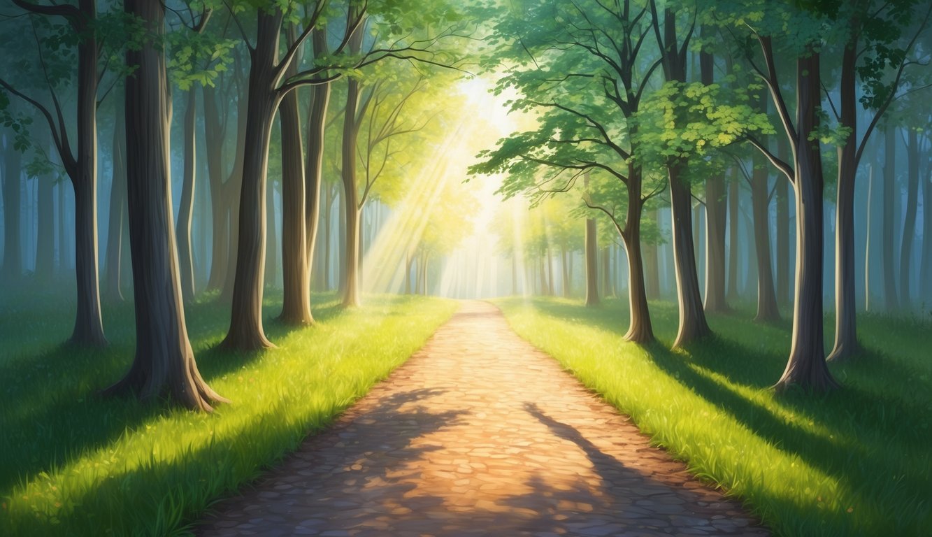 A path leading through a serene forest, with sunlight streaming through the trees and a sense of peace and hope in the air