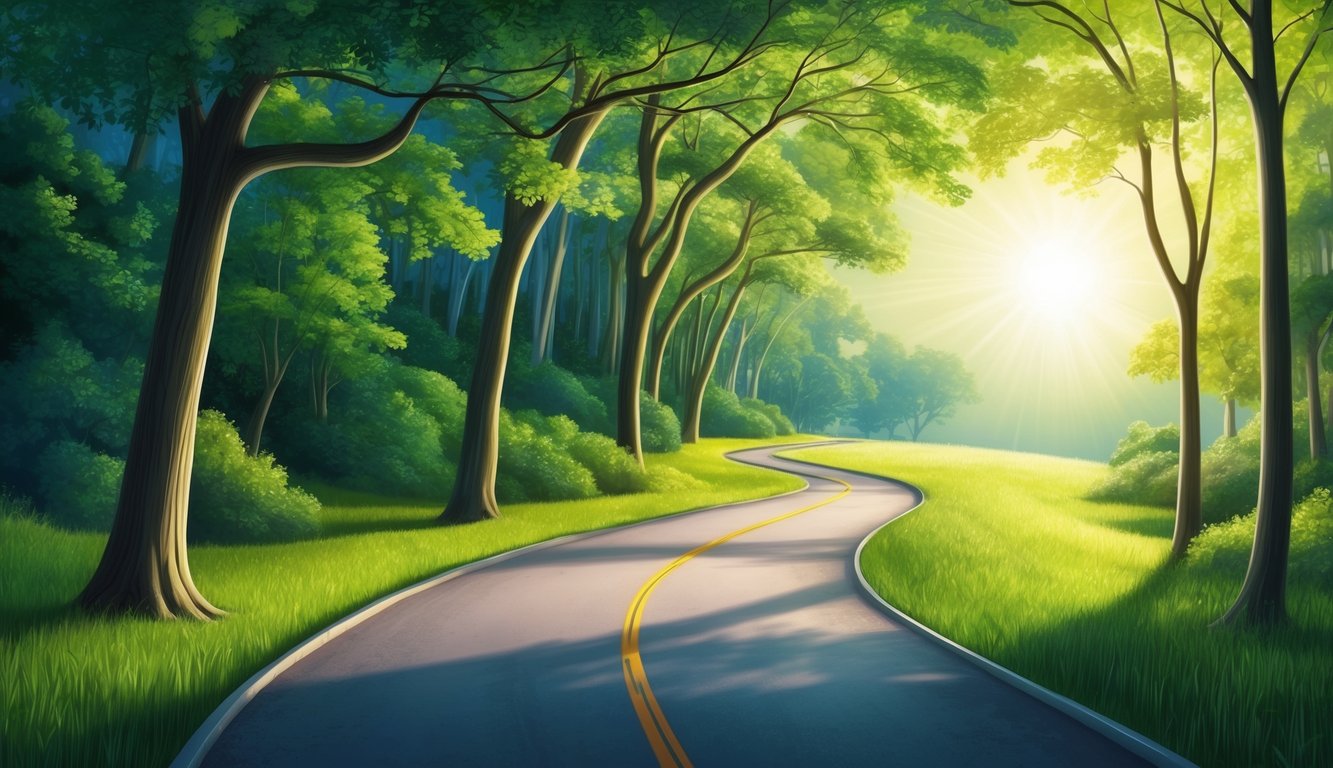 A peaceful path through a lush forest, with sunlight filtering through the trees onto a winding road leading towards a distant, radiant light