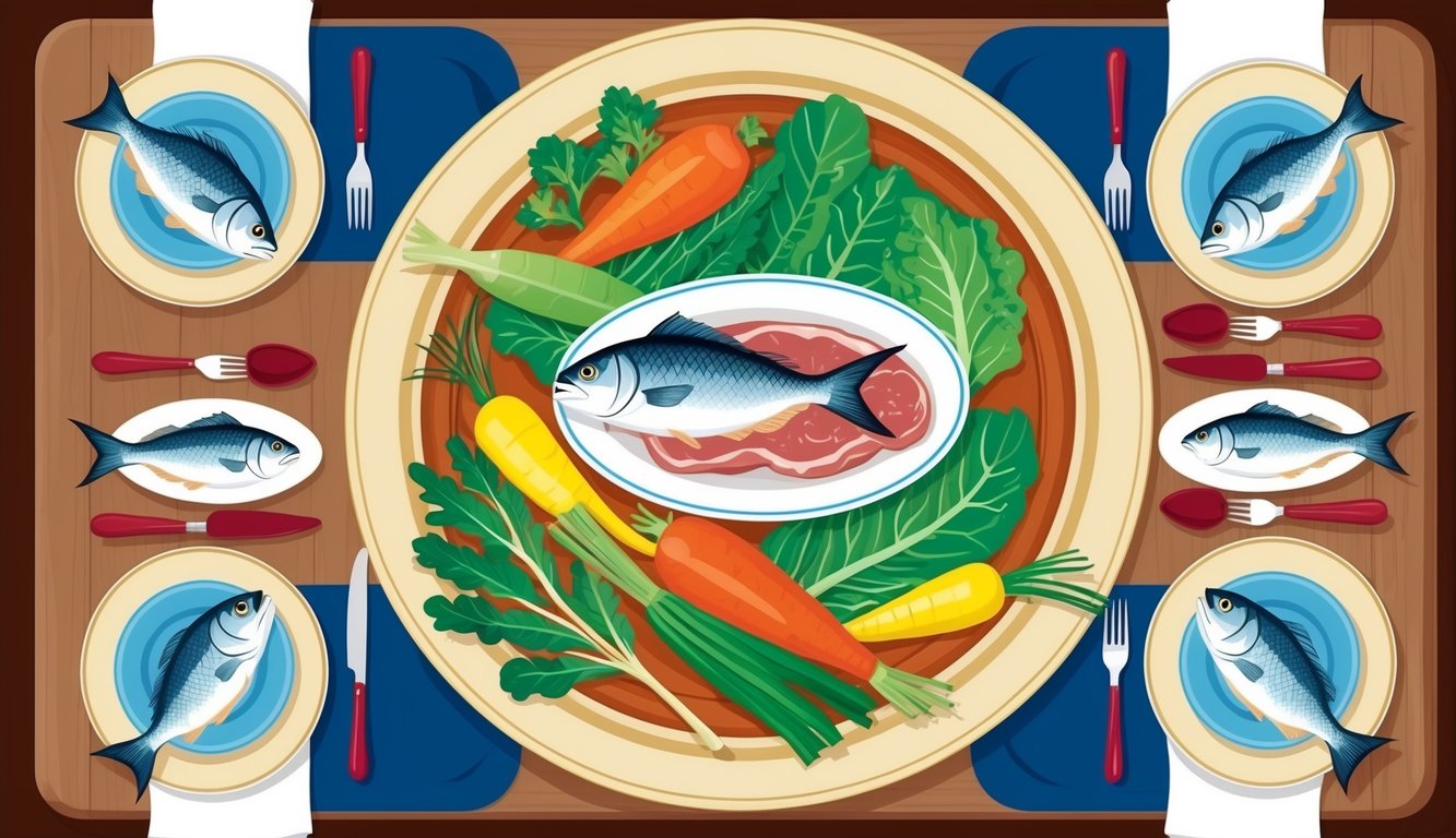 A table set with fish and vegetables, while a plate of meat sits untouched on Good Friday