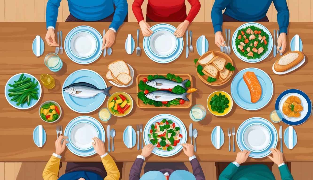 A family dinner table with a spread of non-meat dishes, including fish, vegetables, and bread