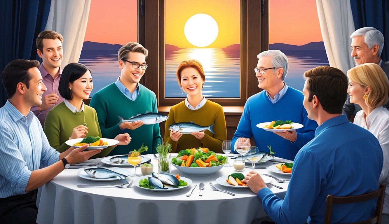 A group of people gathered around a table, some holding plates of fish and vegetables, others engaged in conversation.</p><p>A reflection of the setting sun can be seen in the window