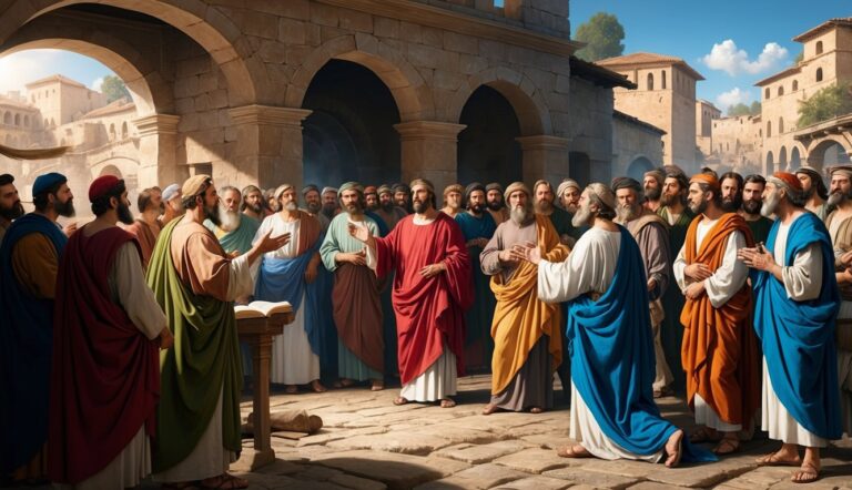 Men in robes gathered in a courtyard, some gesturing and speaking