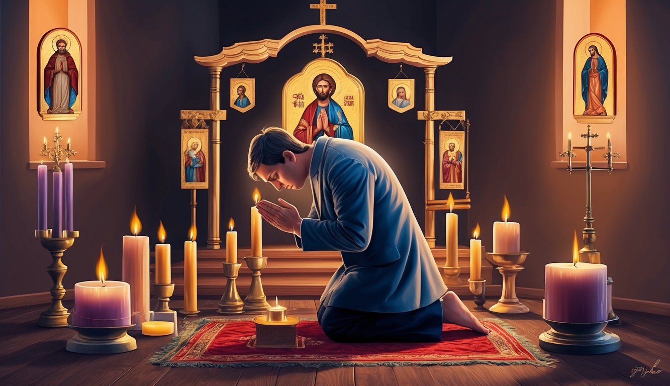 A person kneeling in prayer, surrounded by candles and religious icons, with a sense of hope and desperation