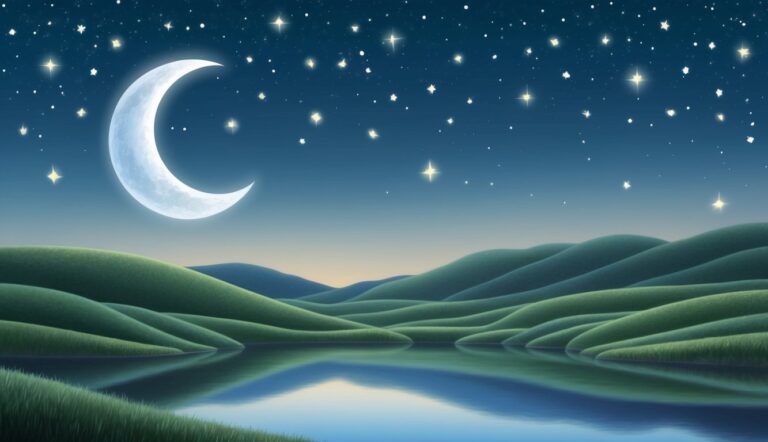 Crescent moon and stars over a lake and rolling green hills at night