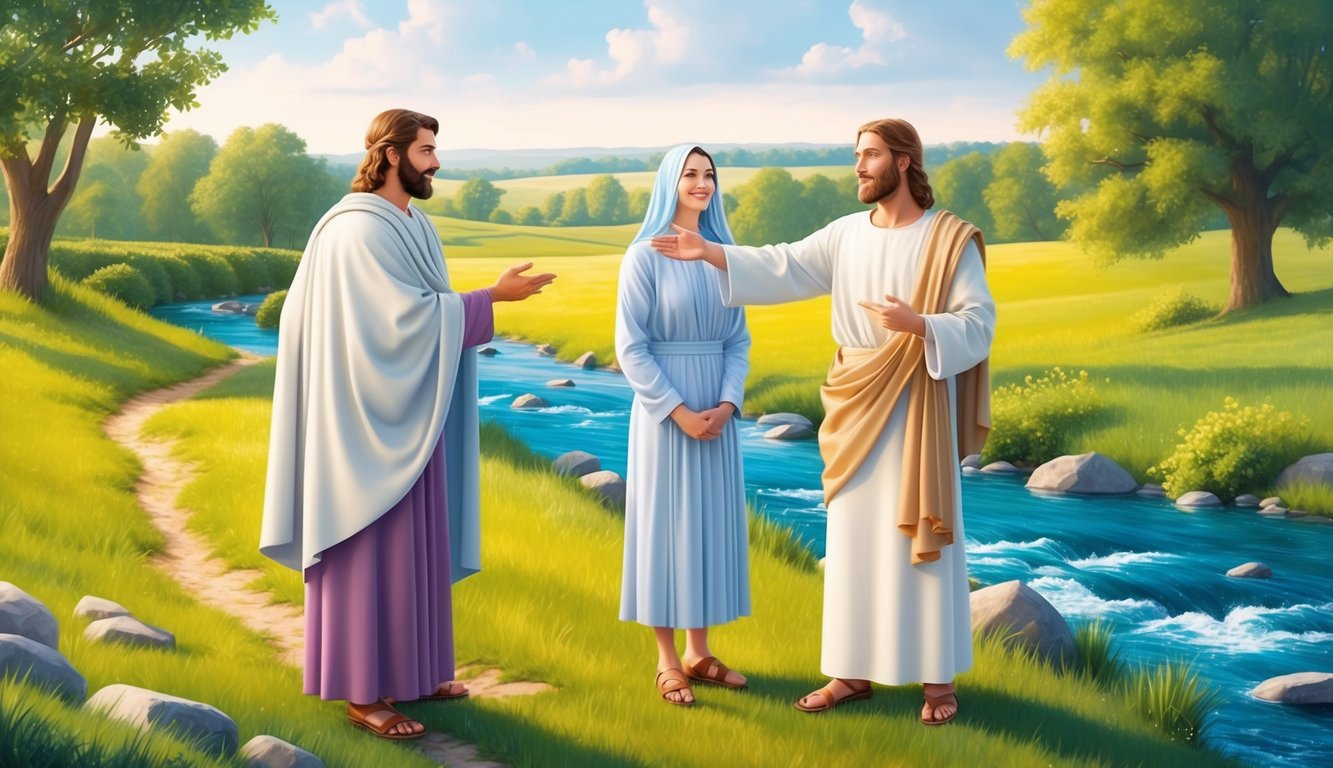 A serene countryside with a couple standing beside a flowing stream, while Jesus gestures towards them with a look of compassion and understanding