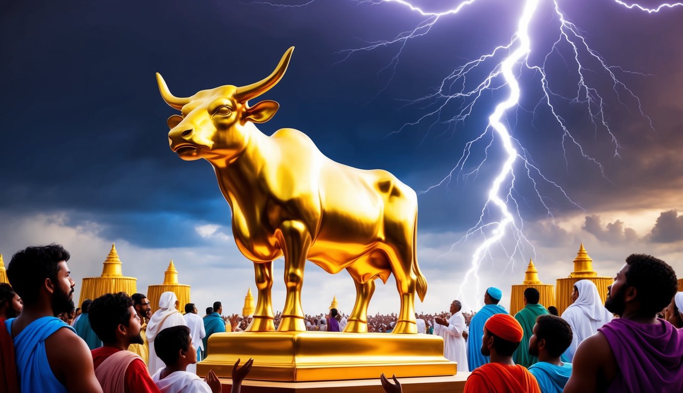 A golden calf stands tall, surrounded by worshippers.</p><p>Lightning strikes from above, symbolizing divine wrath