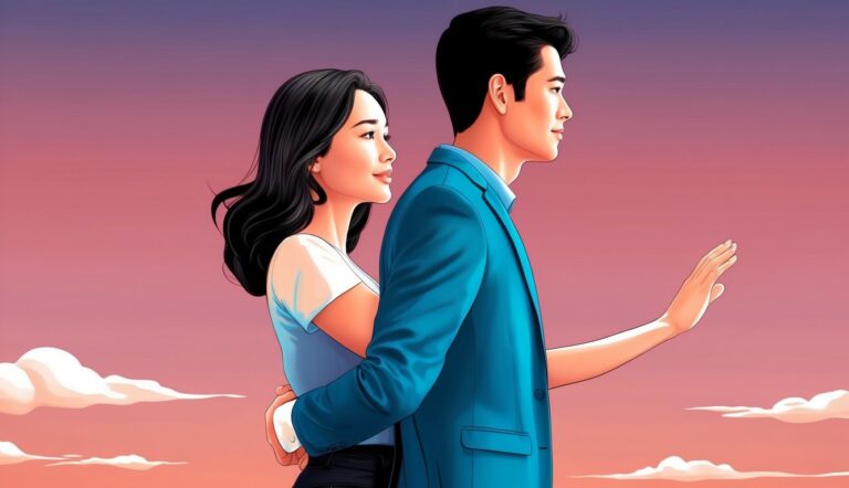 Illustration of a couple embracing against a pink and purple sky