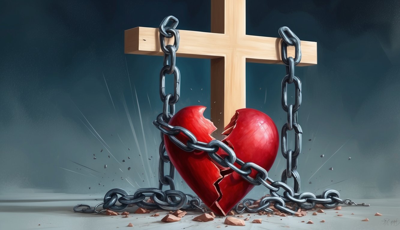 A broken heart and shattered chains lie at the foot of a cross