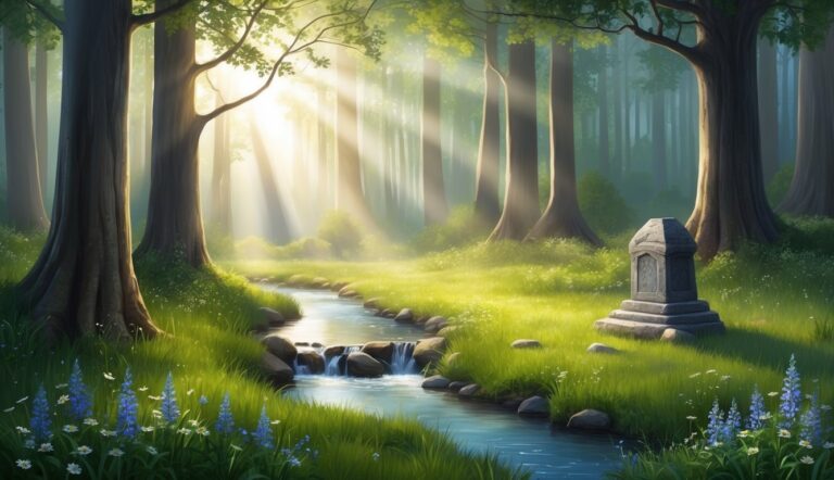 Sunlit forest scene with stream, gravestone, and lush green grass