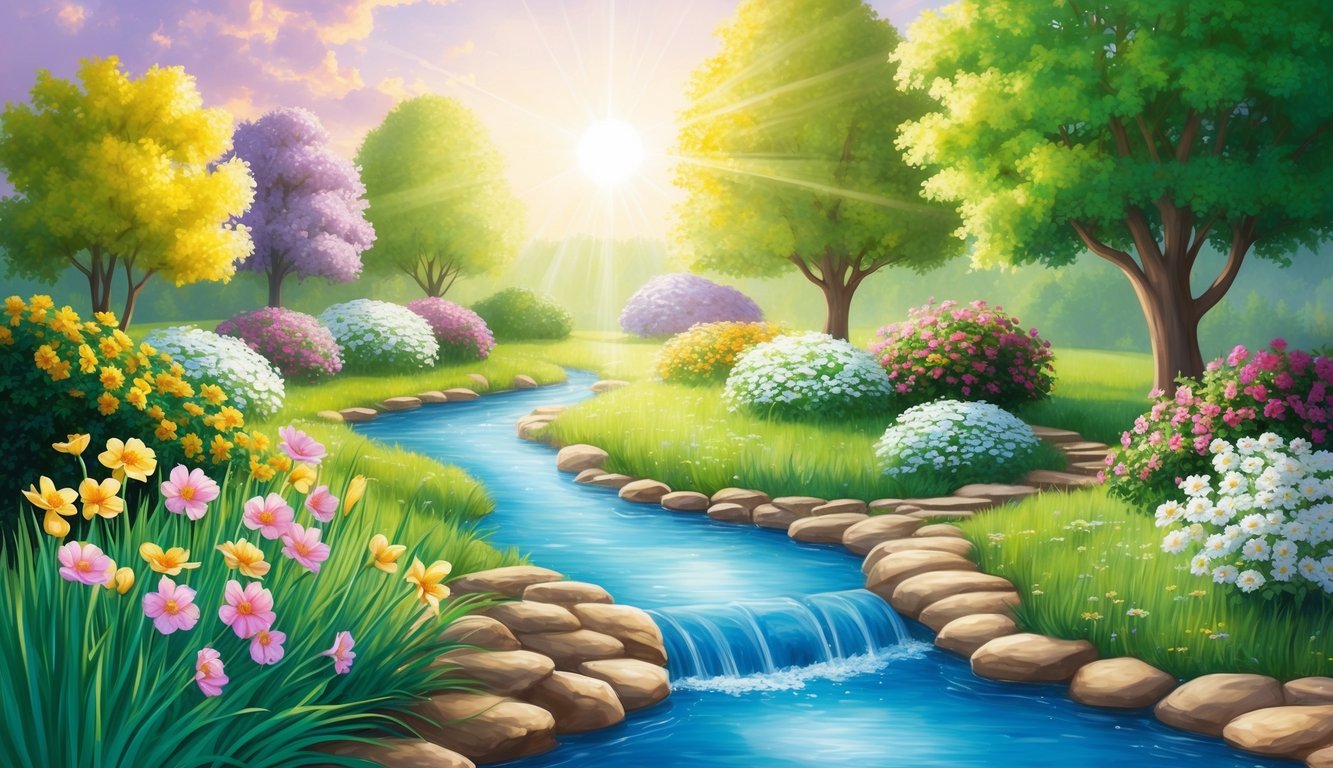 A serene, sunlit garden with blooming flowers and a clear, flowing stream, symbolizing purity and redemption according to the Bible