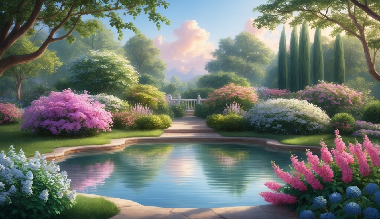 A serene garden with blooming flowers, tranquil water, and a peaceful atmosphere