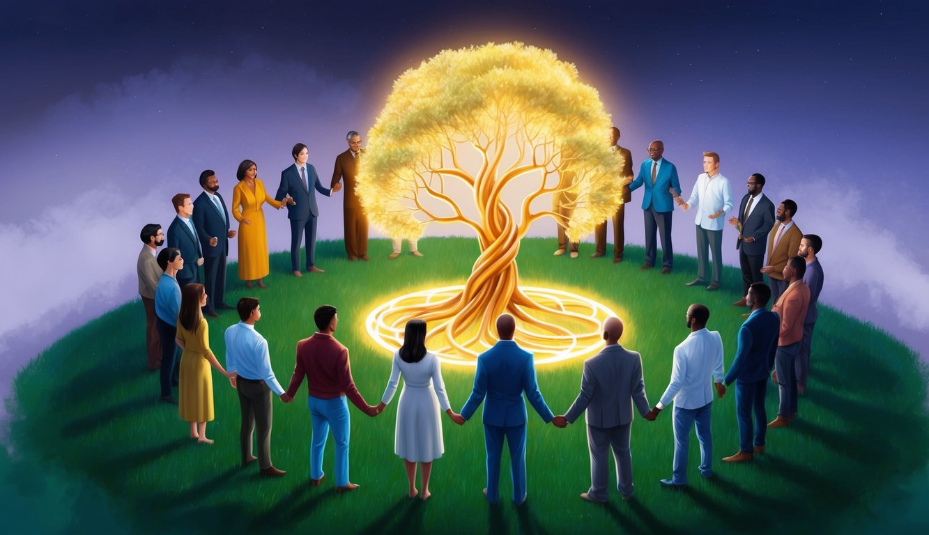 A group of diverse individuals encircling a glowing, intertwined tree, symbolizing unity and spiritual connection