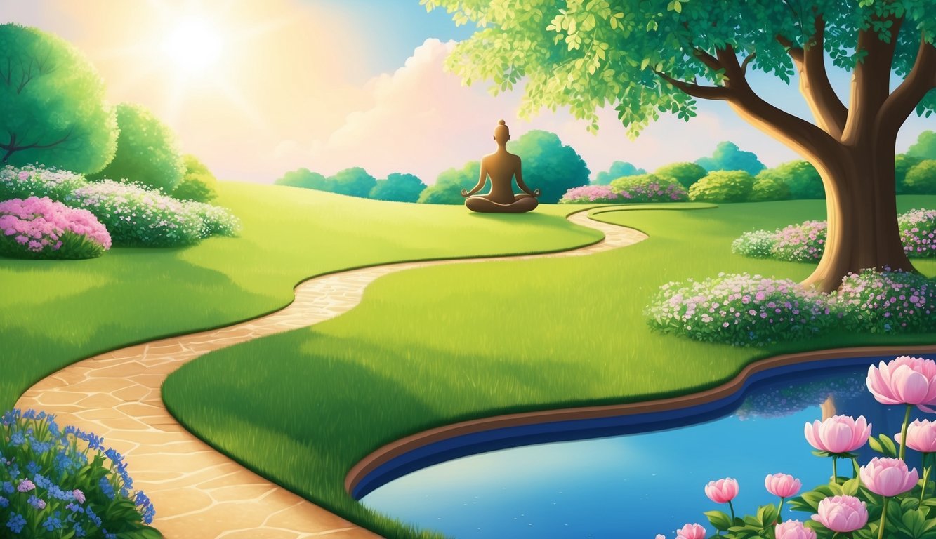 A serene, sunlit garden with a winding path, blooming flowers, and a peaceful pond reflecting the sky.</p><p>A figure meditates under a tree