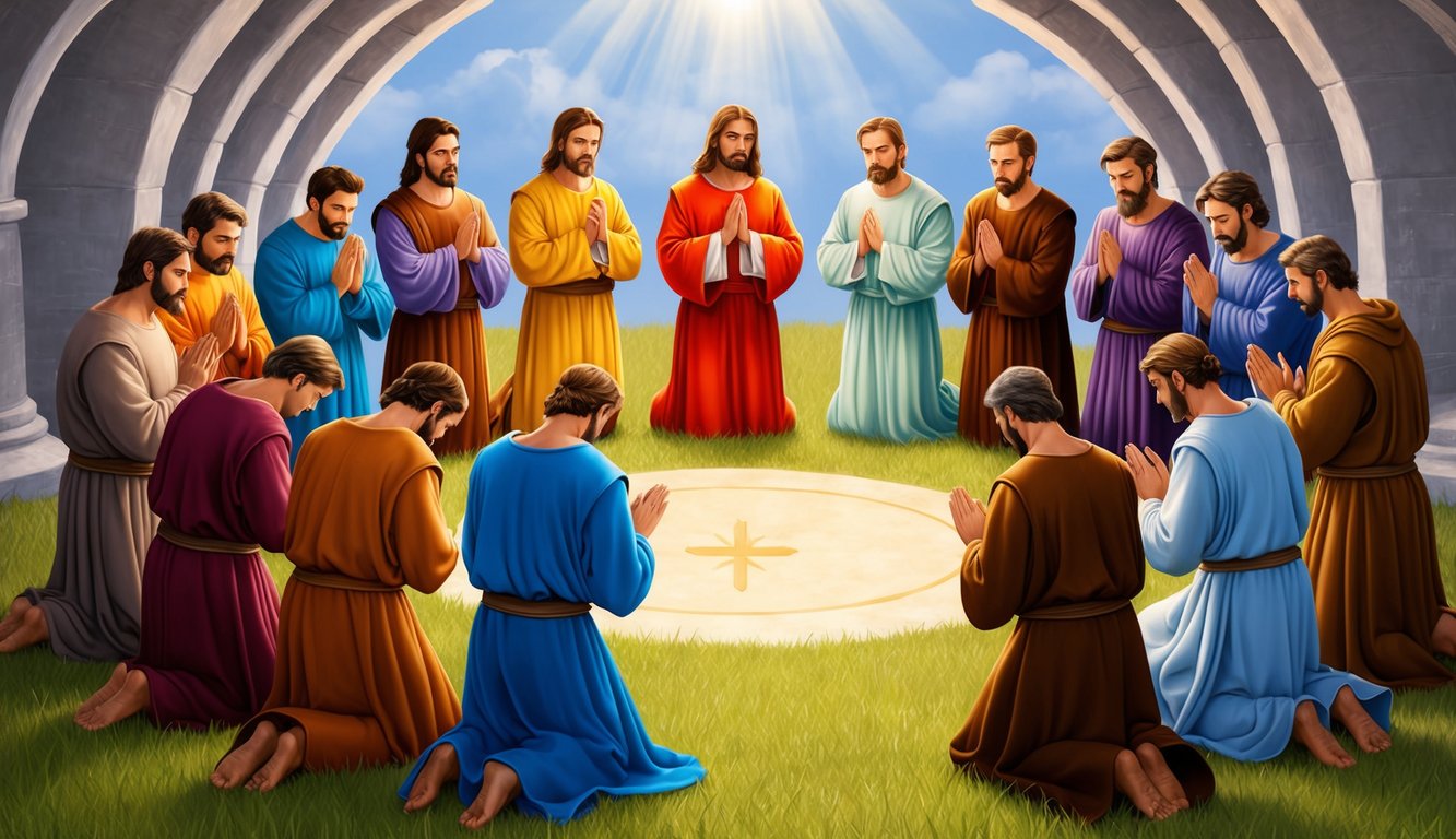 The 12 disciples gathered in a circle, heads bowed in prayer, as they prepare to continue spreading the teachings of Jesus after his ascension